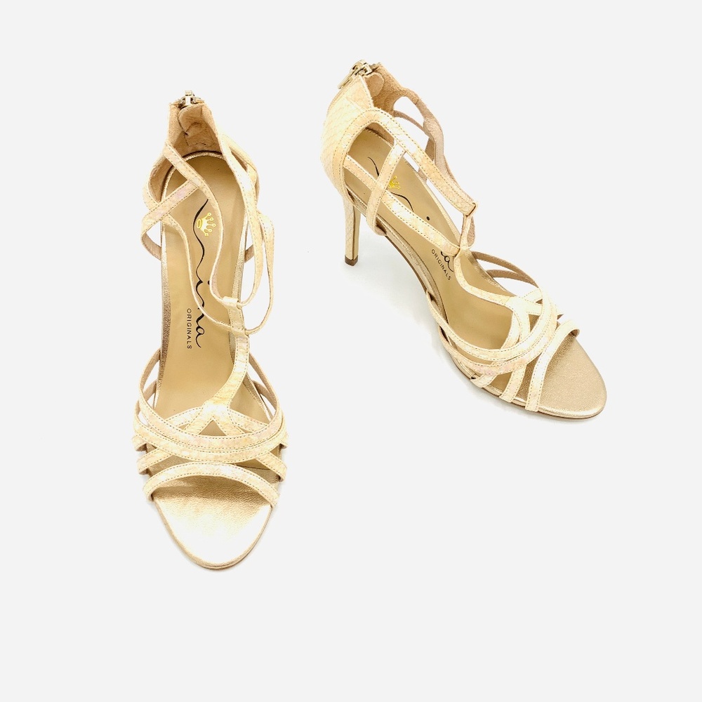 Nina Pink Iridescent Snakeskin T-Strap Heels Sz 8M